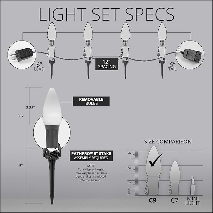 Wintergreen Lighting 25’ OptiCore LED Warm White Smooth/Opaque Pathway Christmas Lights, C9 Outdoor White Christmas Lights, 4.5” Stakes, Green Wire Plug String Lights