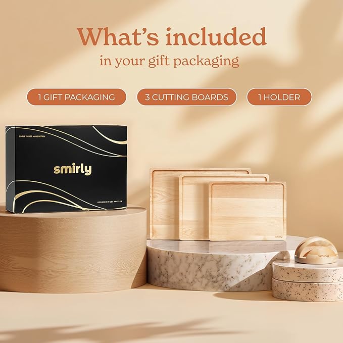 SMIRLY Wood Cutting Boards for Kitchen Wooden Chopping Board Set Reversible with Deep Juice Grooves Grip Handles, Large Charcuterie Tray for Home Kitchen, Natural Birch, 3Pcs with Holder