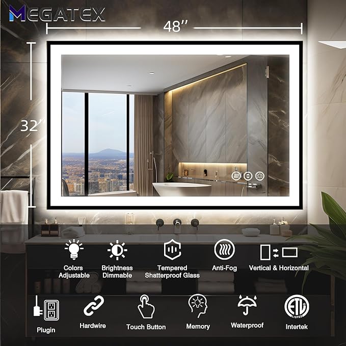 48x32 LED Mirror for Bathroom, Black Metal Framed, Vanity Mirror with Lights, 3 Color Modes, Dimmable CRI90+, Double Lights, Anti-Fog, Shatter-Proof, Waterproof, Memory (Horizontal/Vertical)