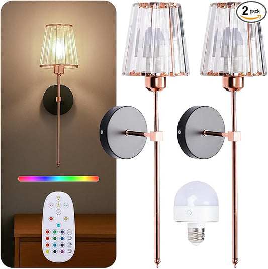 Battery Operated Wall Sconce Set of 2 – Wireless Rechargeable Wall Lights with Remote & Adjustable Brightness, Rose Gold Wall Lamp for Bedroom, Living Room, or Home Decor Lighting