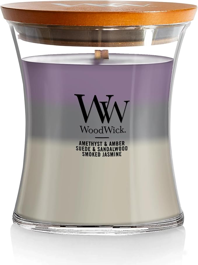 WoodWick Amethyst & Amber Gifts for Women and Men, 9.7 oz Medium Hourglass Trilogy Candle with Crackling Wick