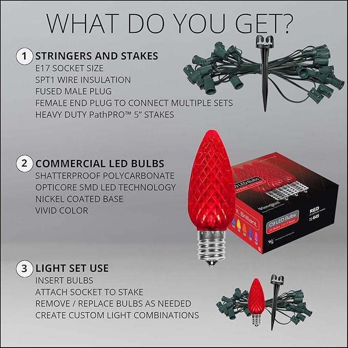 Wintergreen Lighting 25' OptiCore LED C9 Red Pathway Christmas Lights, Heavy Duty Bulbs for Driveway, Walkway Marker, 5" Commercial PathPRO Stakes, 18 Gauge Green Wire