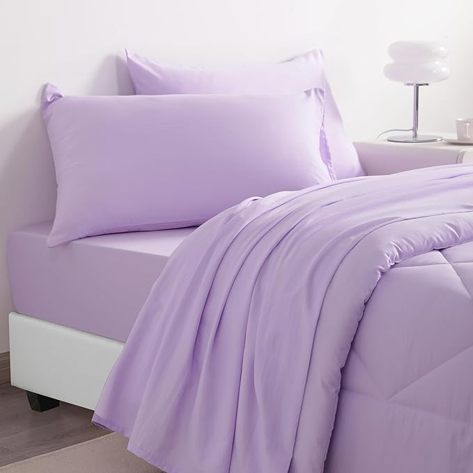NTBAY Twin Comforter Set with Sheets, 5 Pieces Soft and Breathable Twin Bedding Set, Twin Bed in a Bag, Down Alternative Comforter Set Solid Color All Season, Kids Bedding Set, Light Purple