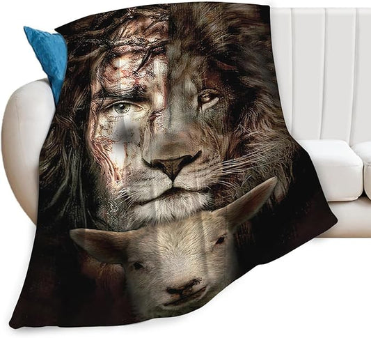 Tijuboni Lion Lamb Throw Blanket Christian Religious Gifts for Women Men Girls Boys Kids Adults Soft Flannel Fleece Blanket for Couch Sofa Bed Home Decor 60"x80"