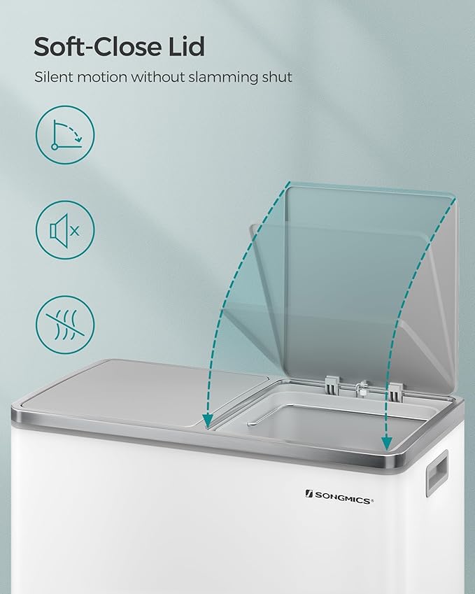 SONGMICS Trash Can, 2 x 8 Gallon (2 x 30 L) Garbage Can for Kitchen, with 15 Trash Bags, 2 Compartments, Plastic Inner Buckets and Hinged Lids, Airtight, White and Gray ULTB60WT
