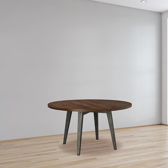 Hekman Monterey Point Round Dining Table – Round Solid Wood Dining Table, Slab Top Acacia Veneers, 4-Sided Tapered Iron Legs, Rustic Mide-Century Modern Style, Brown, Kithcen and Dining Room Furniture