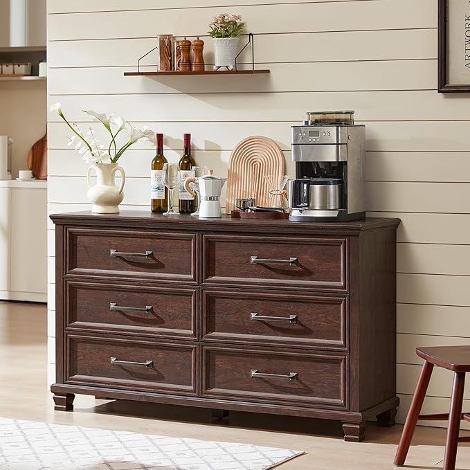 Farmhouse Espresso 6 Drawer Dresser for Bedroom, 54 inch Wide Vintage Large Chest of Drawers with Wood Legs, Rustic TV Console for Living Room, Walnut Wooden Storage Closet Dressers