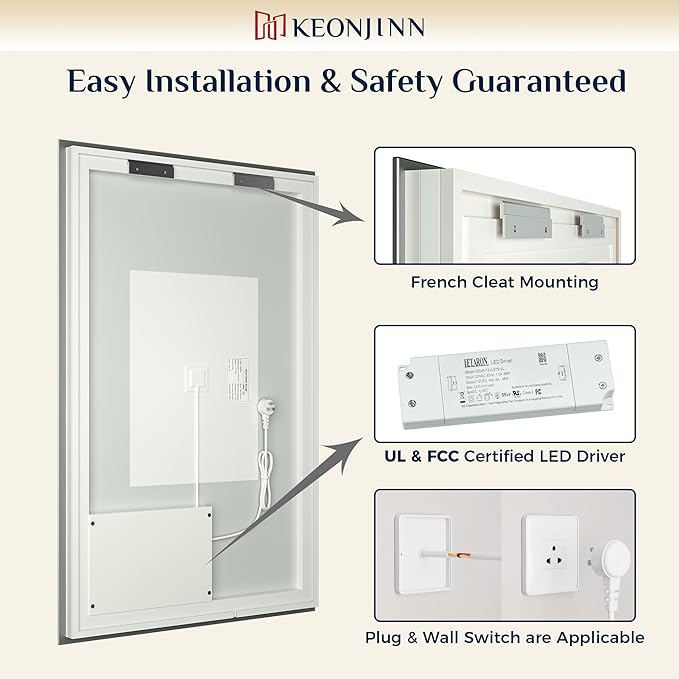 Keonjinn LED Backlit Mirror 96” x 36” Oversized Lighted Bathroom Mirror with UL Listed LED Driver, Large Stepless Dimmable Wall Mirror, Tempered Glass, CRI90+ Anti Fog Vanity Mirror with Backlights