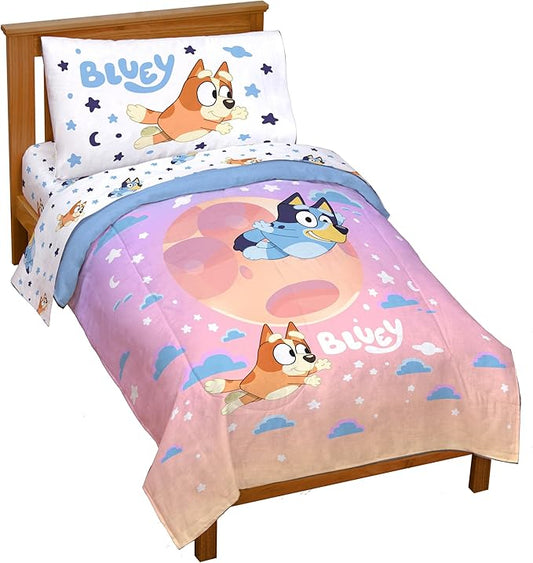 Jay Franco Bluey & Bingo Toddler Comforter Set - 4 Piece Bed Set Includes Sheet Set & Pillow Covers - Super Soft Clouds & Stars Kids Bedding