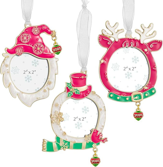West style 2025 Snowflake Christmas Tree Ornaments Set 3 Pieces-Metallic Picture Frame Ornament Hanging Home Deco Gnomes Reindeer Hanging Pendant Holiday Keepsake Gift (Pink & Golden)