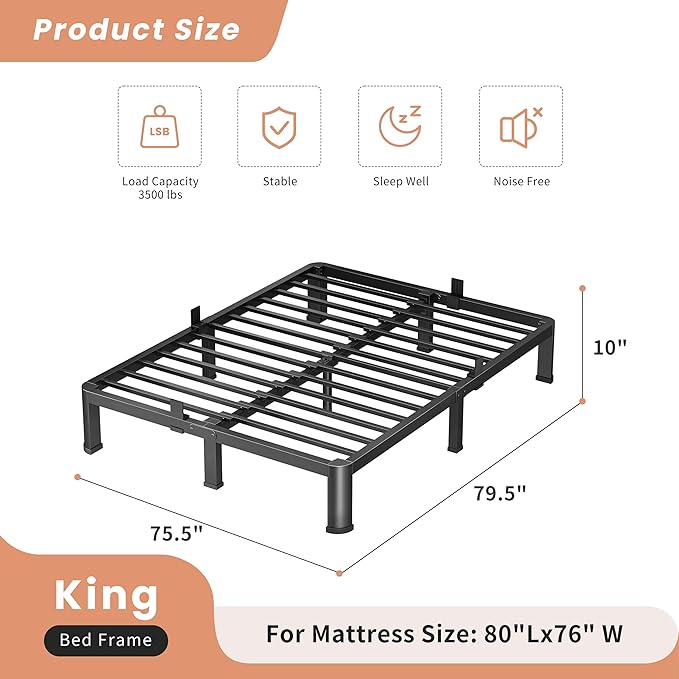 10 Inch King Heavy Duty 3500 lbs Bed Frame with Round-Corner Legs & Anti-Squeak Design – Quick Assembly Metal Platform, No Box Spring Needed