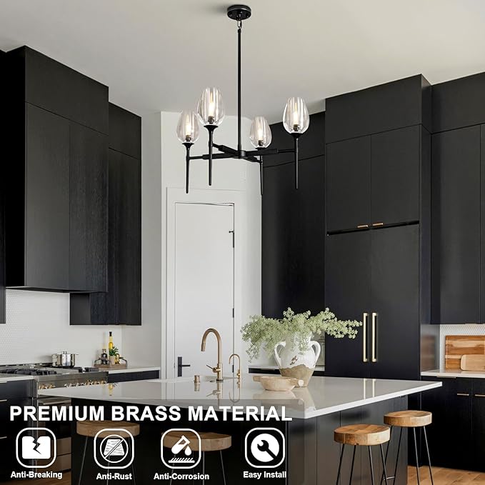 Crystal Black Pendant Lights Kitchen Island, 28" Adjustable Cord Modern Tulip Pendant Light Fixtures,4 Lights Kitchen Pendant Lighting Over Table,Indoor Chandeliers for Bedroom, Bulbs Included