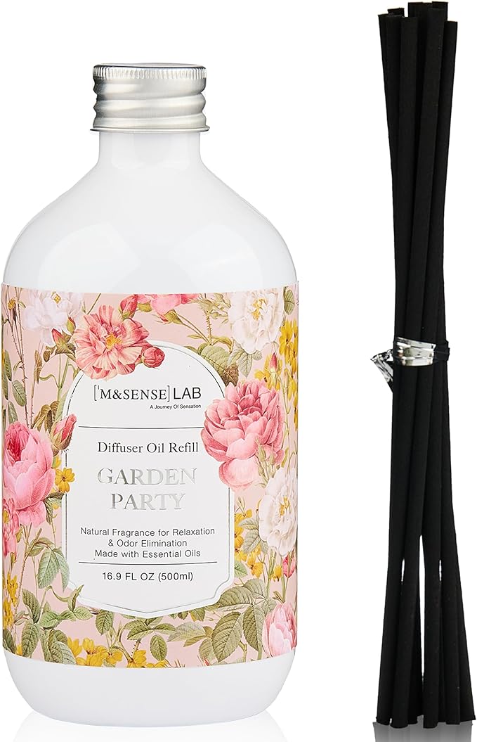 M&SENSE Reed Diffuser Oil Refill, 16.9oz (500ml) with 10 Hollow Reed Sticks, Garden Party Scent Home Fragrance, Scented Oil Refills, Natural Essential Oils for Diffusers, Décor for Home Spa & Office