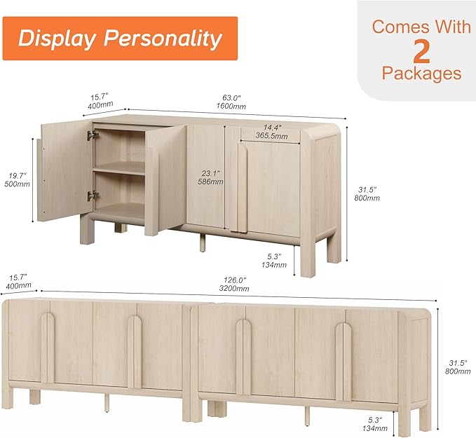 WAMPAT 126" W Large Buffet Sideboard Cabinet with Storages, Modern Buffet Table Coffee Bar Wine Bar Storage Curved Cabinet with 8 Doors for Dining Room, Living Room, Kitchen, Light Oak