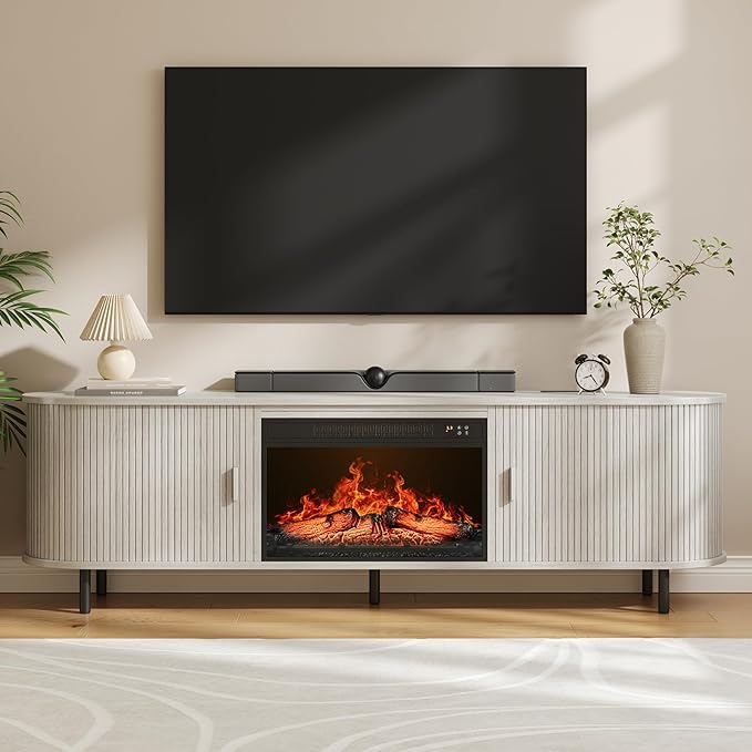 70.8" Fluted Fireplace TV Stand with 23" Electric Fireplace, Modern Chic Entertainment Center for TVs Up to 80 inches, Wooden Curved Media Console with Sliding Doors for Living Room, White Oak