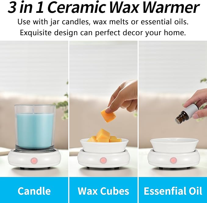 Ceramic Wax Warmer, Electric Wax Melt Warmer,3 in1 Home Fragrance Wax Burner, Scented Candle Wax melters as Gift for Women,mom and Grandma(White)…