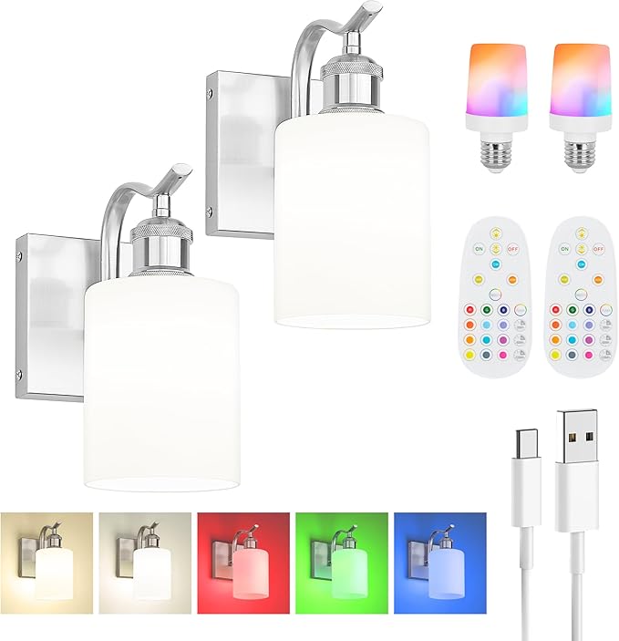 Modern Battery Operated Wall Sconce with Frosted White Glass Lampshade RGB Bulb Wireless Rechargeable Wall Light with Remote Control for Bedside Bedroom, Set of 2, Brushed Nickel ZCVL01BN-1B-2P