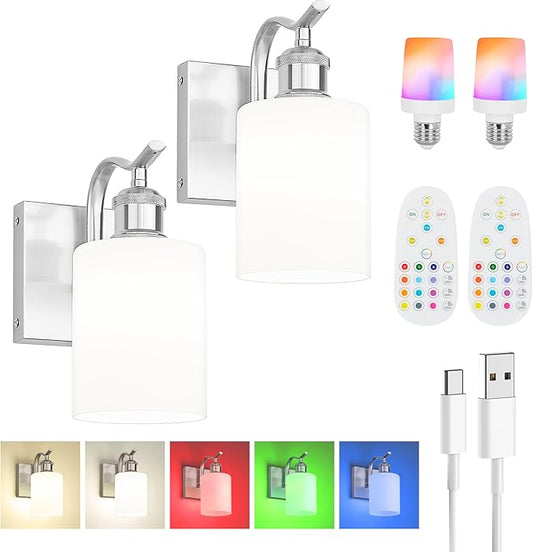 Modern Battery Operated Wall Sconce with Frosted White Glass Lampshade RGB Bulb Wireless Rechargeable Wall Light with Remote Control for Bedside Bedroom, Set of 2, Brushed Nickel ZCVL01BN-1B-2P