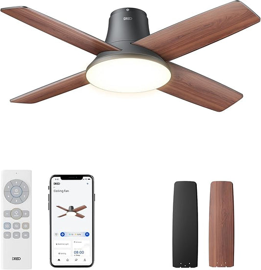 Dreo Ceiling Fans with Lights, 12 Speeds & 3 Fan Modes, Quiet DC Motor, Low Profile Easy to Install, Flush Mount Smart Ceiling Fan with Dimmable LED, 12H Timer for Bedroom, Remote, Black, 44''