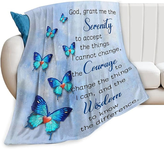Tijuboni Christian Serenity Prayer Throw Blanket Blue Butterfly Gifts for Women Men Girls Boys Kids Adults Soft Flannel Fleece Blanket for Couch Sofa Bed Home Decor 40"x50"