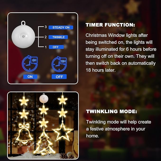 [Timer 3Pcs Christmas Window Lights Decorations,Battery Powered Christmas Hanging Warm White Lighted Tree Bell Star Shaped LED Sucker for Xmas Tree Fireplace Indoor Outdoor Decor