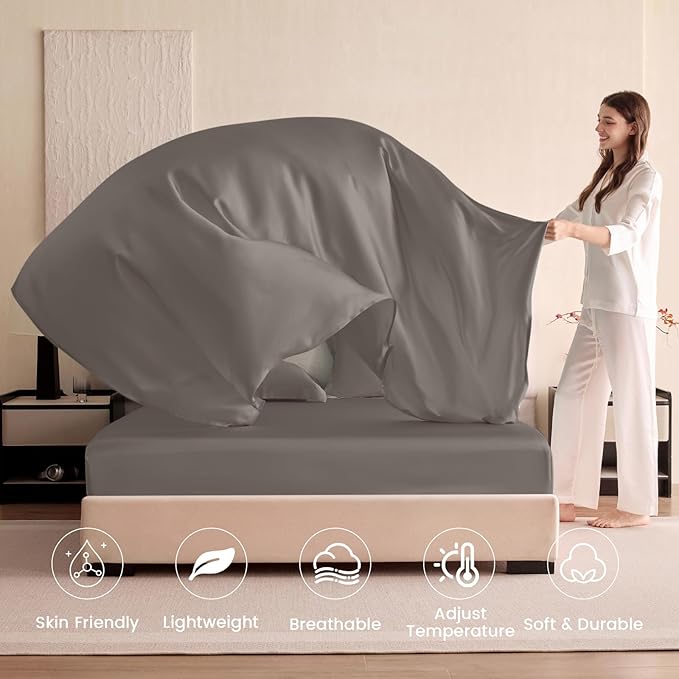 THXSILK Silk Sheet Set 5Pcs, 6A+ Top Grade 100% Pure Mulberry Silk Bed Sheets, Ultra Soft Durable Luxury Bedding Sets, 2 Fitted Sheet, 1 Flat Sheet and 2 Pillowcases (Split King, Charcoal)