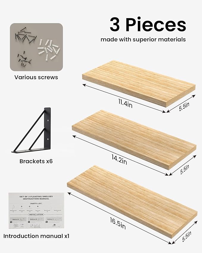 BAYKA Wall Shelves for Bedroom Decor, Floating Wall Shelves for Living Room Kitchen Storage, Wall Mounted Rustic Wood Floating Shelves for Kids Books, Corner Shelves for Bathroom(Brown，Set of 3)