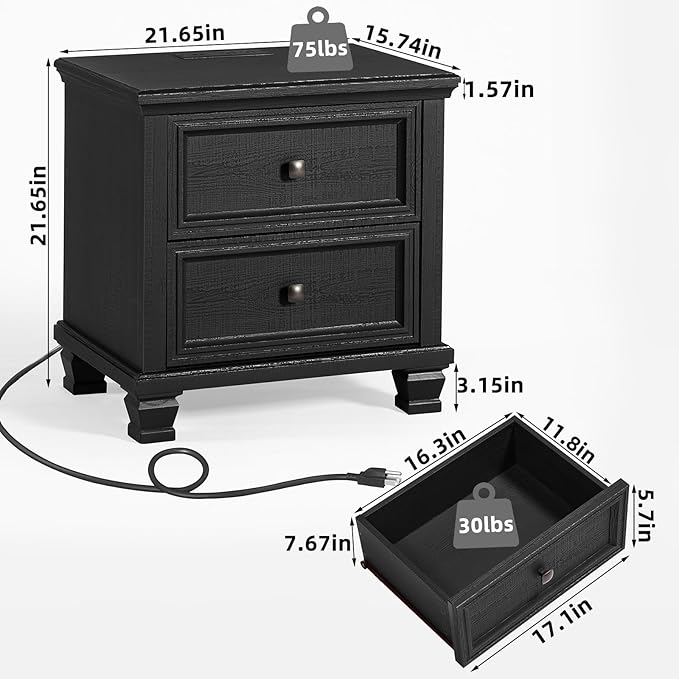Farmhouse Nightstand Set of 2, Rustic Low Nightstands with 2 Drawers & Charging Station, Vintage Night Stands with 4 Square Solid Wood Legs, Small Dresser for Bedroom, Home, Black
