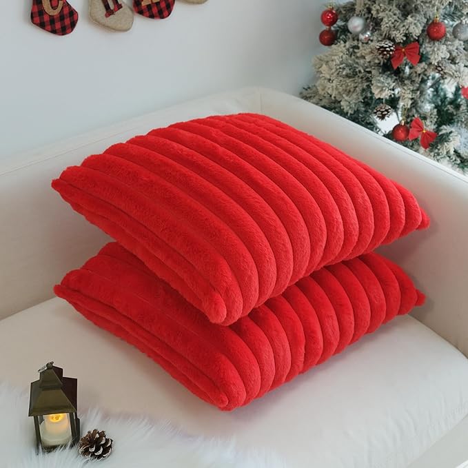 JOJUSIS Pack of 2 Faux Fur Plush Decorative Christmas Red Throw Pillow Covers Couch Cushion Case Soft Pillowcases (Red, 24 x 24-Inch)