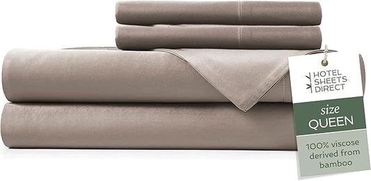 Hotel Sheets Direct 4 Piece Bed Sheet Set Queen Size, 100% Viscose Derived from Bamboo Sheets Set with 2 Pillowcases, Cooling & Breathable Luxury Bedding, Moisture-Wicking & Silky Soft Texture, Sand