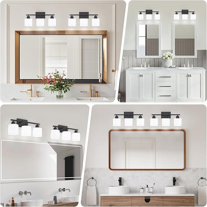 3-Light Bathroom Light Fixtures, Black Bathroom Vanity Lights with Milky White Frosted Glass Shades, Black Vanity Light for Bathroom Mirror, Bedroom, Living Room, Vanity Table, E26 Base