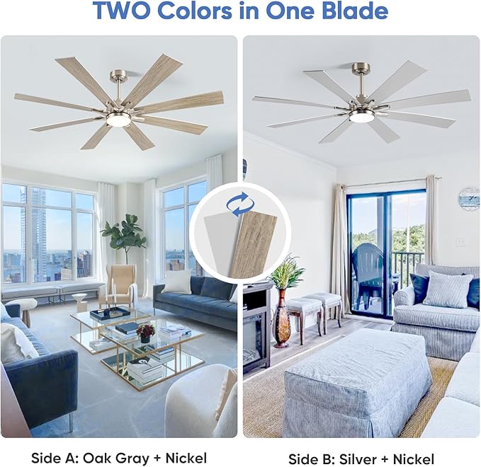 62 Inch Outdoor Ceiling Fan with Light, Modern Industrial Lighting & Ceiling Fans for Patios Porch Garage, Large Ceiling Fan with High CFM Reversible Energy Efficient DC Motor, Silver/Oak Dual Finish