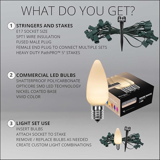 Wintergreen Lighting 100’ OptiCore LED Warm White Smooth/Opaque Christmas Pathway Lights, C9 Outdoor Christmas White Lights, 4.5” Stakes, Green Wire Plug String Lights
