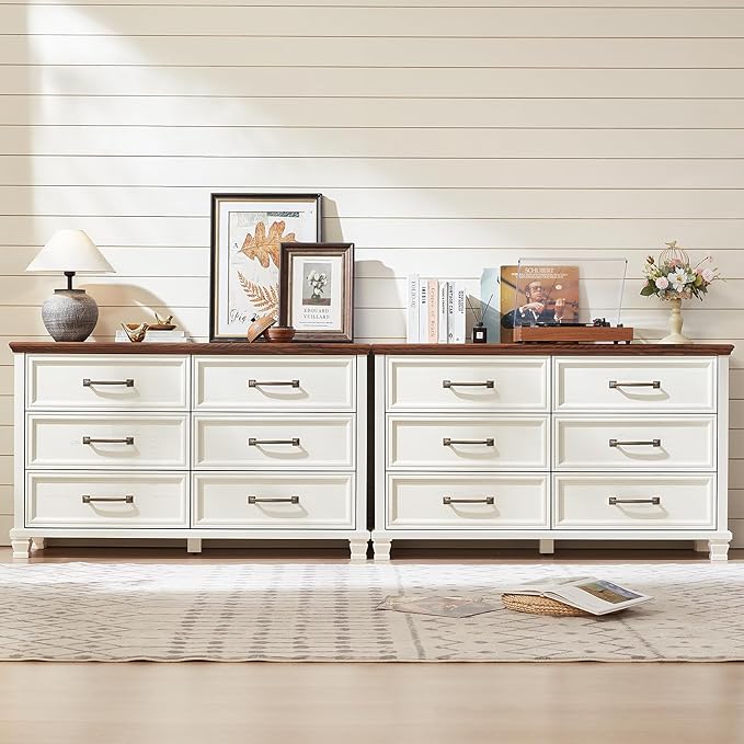 Farmhouse White 6 Drawer Dresser for Bedroom, 54 inch Wide Vintage Large Chest of Drawers with Square Wood Legs, Rustic TV Console for Living Room, Wooden Storage Closet Dressers for Home