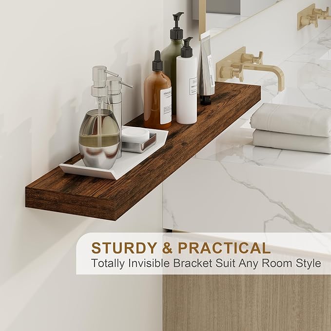 Fun Memories Floating Shelves for Wall, 48Inch Long Floating Shelves Set of 1, Hanging Shelf with Invisible Brackets, Wood Shelves for Living Room, Bedroom, Kitchen, Brown