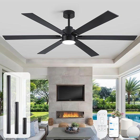 66" Outdoor Ceiling Fan with Light Remote, Wifi Smart Ceiling Fan with Light Alexa, Noiseless Reversible DC Motor, High CFM Damp Rated Ceiling Fans for Patios Porch Living Room Garage, Modern Black