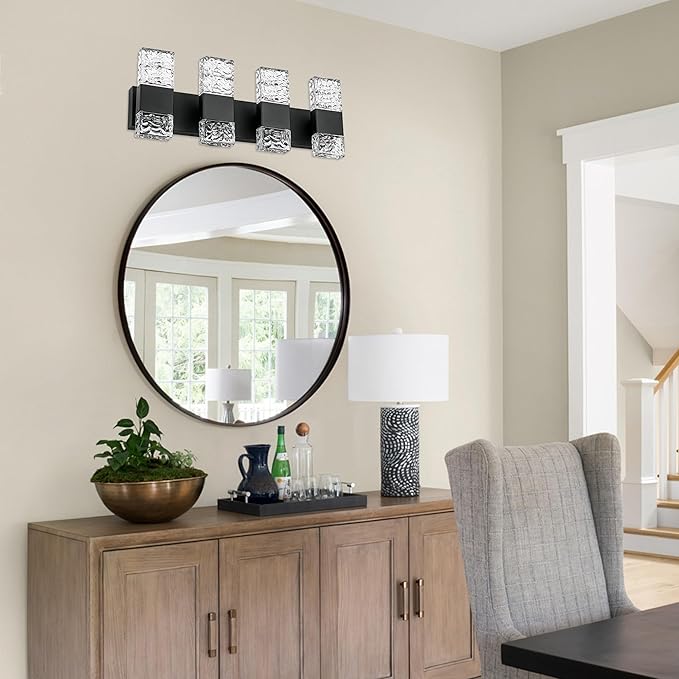 VINLUZ LED Bathroom Light Fixtures Over Mirror, 4 Light Black Vanity Lights with Crystal Lampshade, 32 W Classic Bath Wall Sconces Lighting for Cabinets Dressing Room