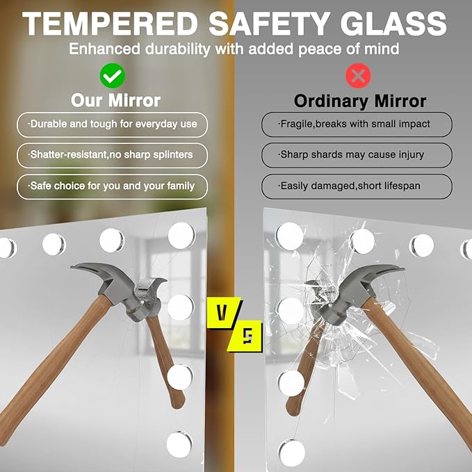 48x36 Hollywood Lighted Mirrors for Bathroom Wall, Smart Mirror for Bathroom with Dimmable LED Bulbs, 3 Color Temperatures, No Fog Mirror, Tempered Glass, Memory, Horizontal/Vertical