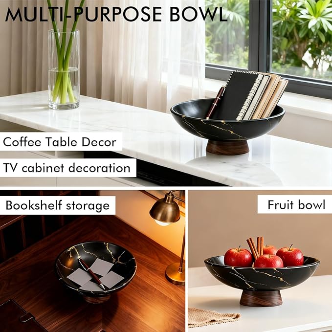 Black Marble Decorative Bowl with Wood Base – 11" Modern Pedestal Fruit Bowl for Dining Table, Kitchen or Entryway Décor