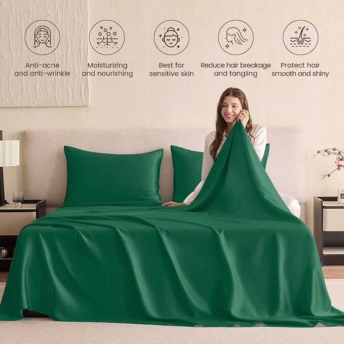 THXSILK Silk Sheet Set 4Pcs, 6A+ Top Grade 100% Pure Mulberry Silk Bed Sheets Ultra Soft Durable Luxury Bedding Sets, 1 Fitted Sheet, 1 Flat Sheet and 2 Pillowcases (Twin-XL, Emerald Green)