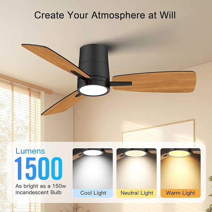 Ceiling Fans with Lights,42 inch,Quiet Reversible Motor,Easy to Install,6 Speeds,3CCT,Timer, Black Modern Ceiling Fan for Living Room, Bedroom, Kitchen, Dining room, Office