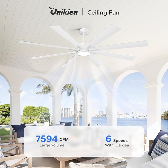 72 Inch Large Outdoor Ceiling Fans for Paitos with Light Remote, Modern Industrial Ceiling Fan with White/Oak Blade 6 Speed Quiet Reversible DC Motor, Dimmable High CFM Ceiling Fan for Indoor/Exterior