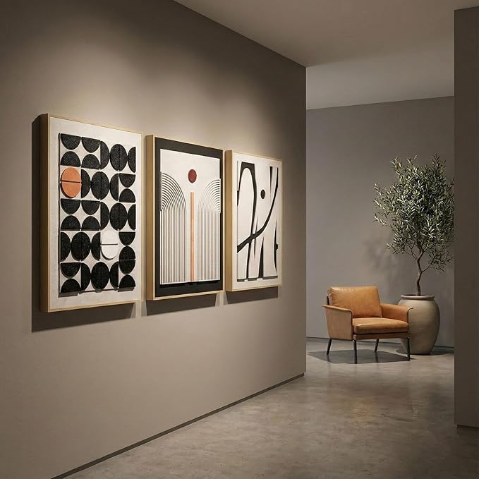 Framed Abstract 3D Textured Wall Art for Living Room, 3 Piece Modern Geometric Artwork for Walls, Boho Black White Texture Pictures for Bedroom Dining Room Office Wall Decor 20x30 In