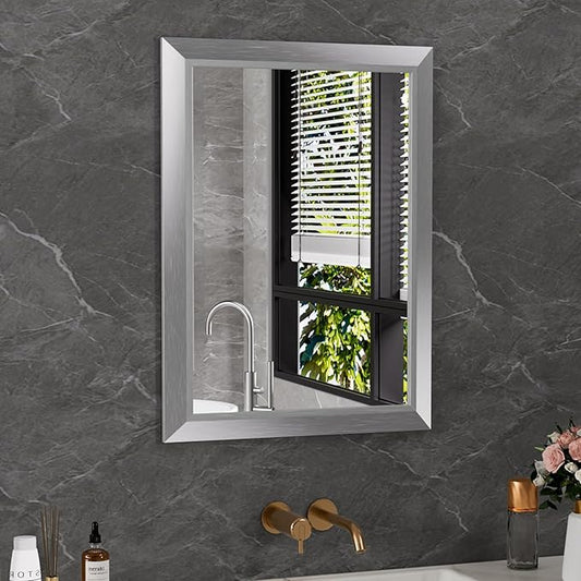 Amorho 20x30 Inch Bathroom Mirror Silver, Thick Metal Framed Wall Mirrors for Over Sink, Brushed Nickel Mirror Perfect for Bedroom, Living Room, Entryway, Rectangle (Horizontal/Vertical).