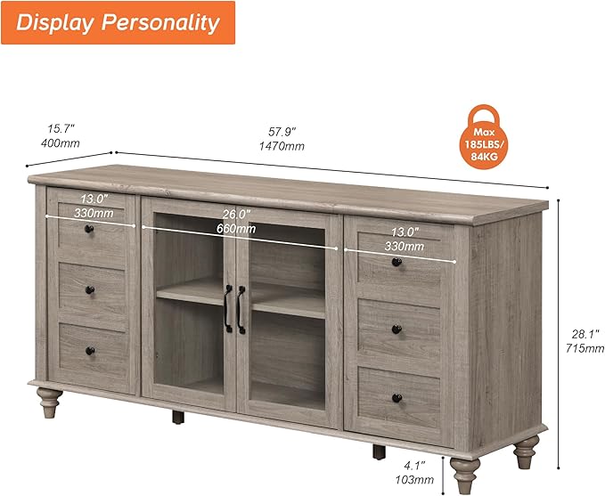 WAMPAT Glass Door Farmhouse TV Stand for TVs up to 65 inch, Wood TV Console Table with Storage Cabinets, Entertainment Center for 32-60 inch TV Console Cabinet, 58 Inch, Grey