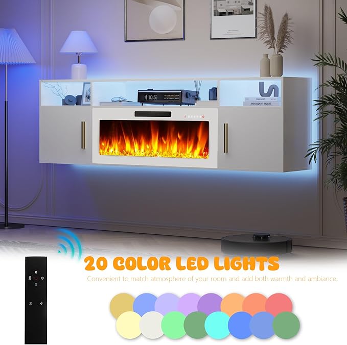 LEMBERI Floating Fireplace TV Stand 70'' Wall Mounted Shelf, LED Light Entertainment Center and Storage, Modern Wood Media TV Console with Highlight (White with White Fireplace)