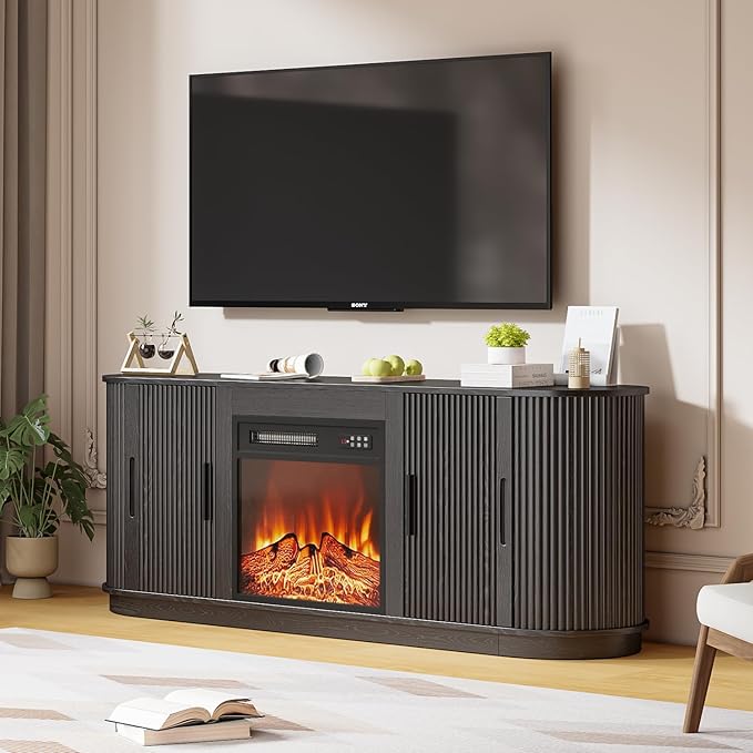 Fluted TV Stand with Fireplace, 60" Modern Fireplace TV Stand for Living Room, Entertainment Center with 18" Electric Fireplace, Curved Design Media Console Cabinet for Living Room (Black)