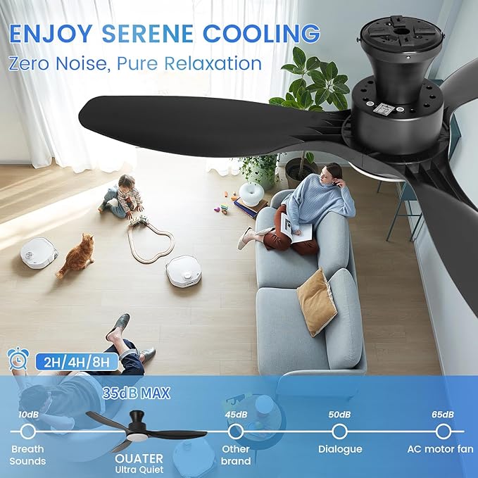 52" Ceiling Fan with Light and Remote, Flush Mount Ceiling Fan with 3 Blades, Low Profile Fan, 3 Color Dimmable Lights, 6 Speed, Queit DC Motor, Black Fan for Bedroom/Indoor/Outdoor/Living Room