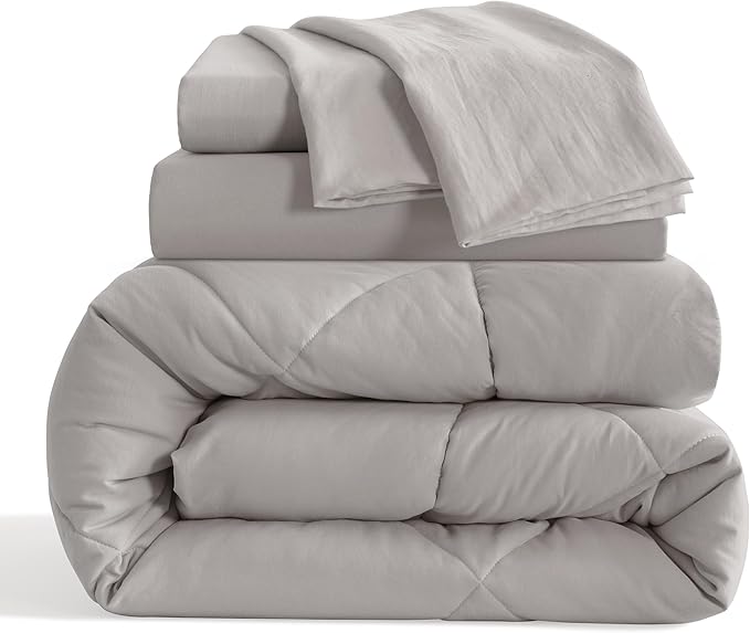 NTBAY Twin Comforter Set with Sheets, 5 Pieces Soft and Breathable Twin Bedding Set, Bed in a Bag, Down Alternative Comforter Set Solid Color All Season, Kids Bedding Set, Smoke Grey