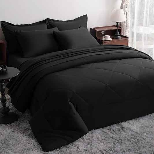 NTBAY King Comforter Set with Sheets, 7 Pieces Soft and Breathable King Bedding Set, Bed in a Bag, Down Alternative Comforter Set Solid Color All Season, King Bedding Set, Black